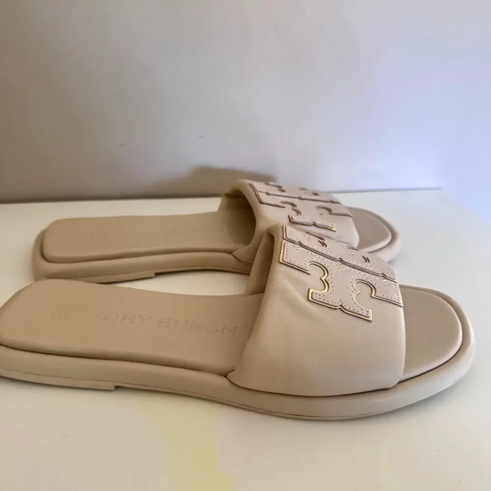 Tory Burch Beige Logo Double T Sport Slide Sandals Size 6